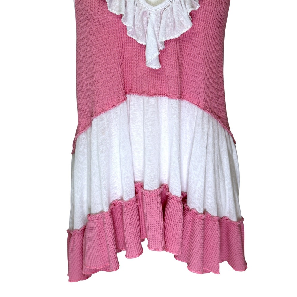 POL Waffle Knit Tank Top Women Medium Pink White Ruffle Tiered Boho FKT554 - Picture 6 of 11